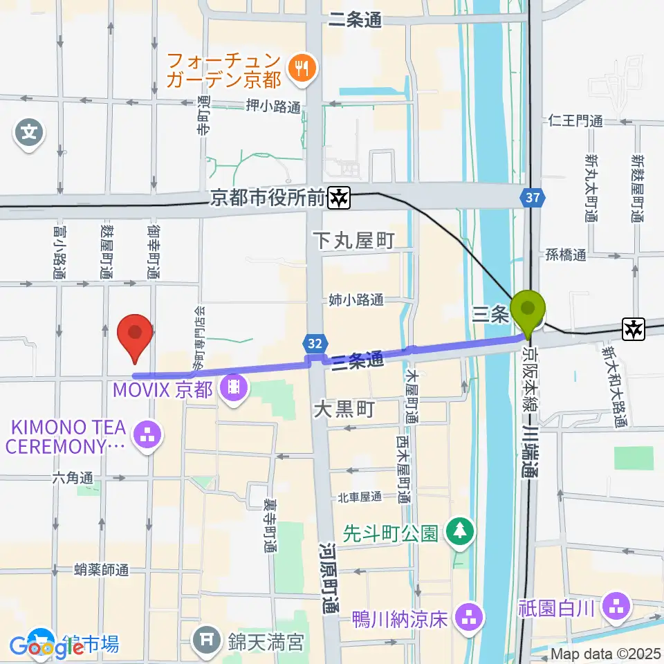 三条駅からLe club Jazzへのルートマップ地図
