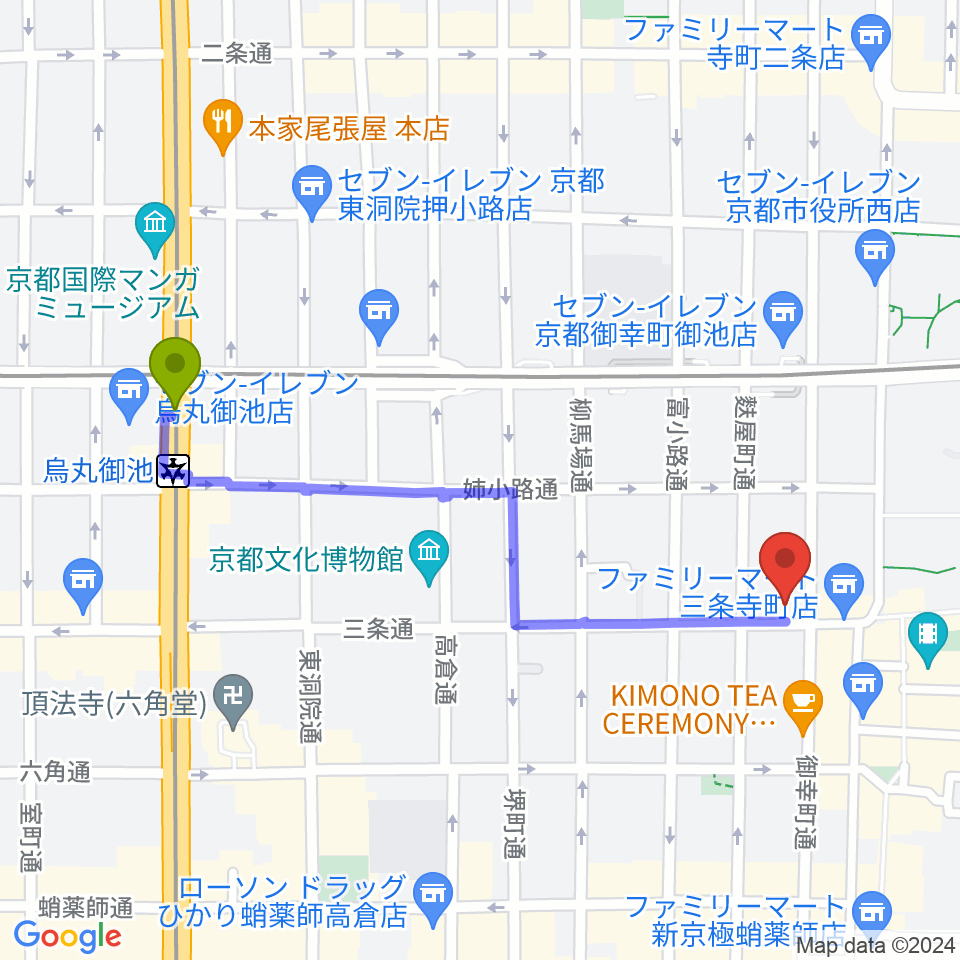 烏丸御池駅からLe club Jazzへのルートマップ地図
