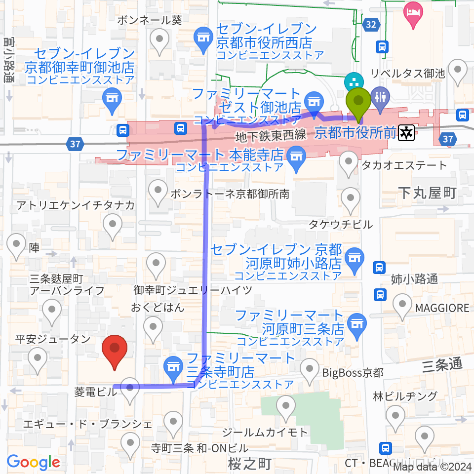 Le club Jazzの最寄駅京都市役所前駅からの徒歩ルート（約6分）地図