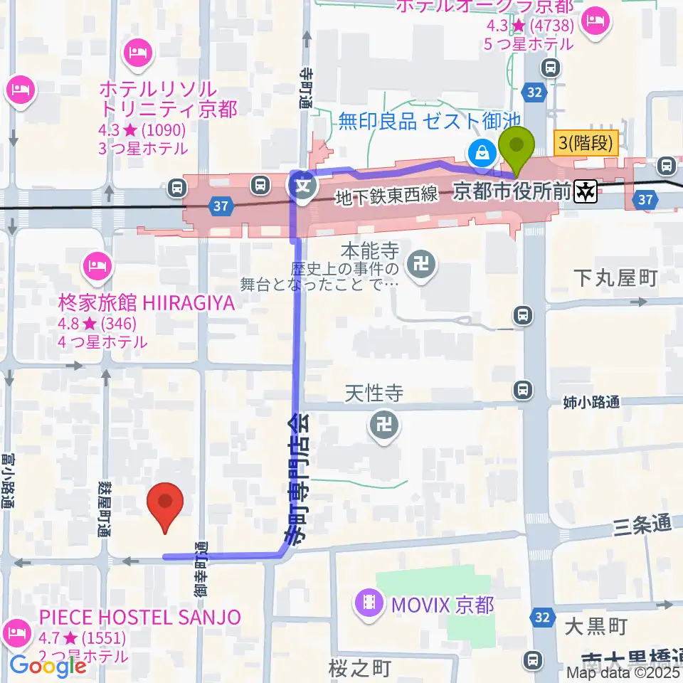 Le club Jazzの最寄駅京都市役所前駅からの徒歩ルート（約6分）地図