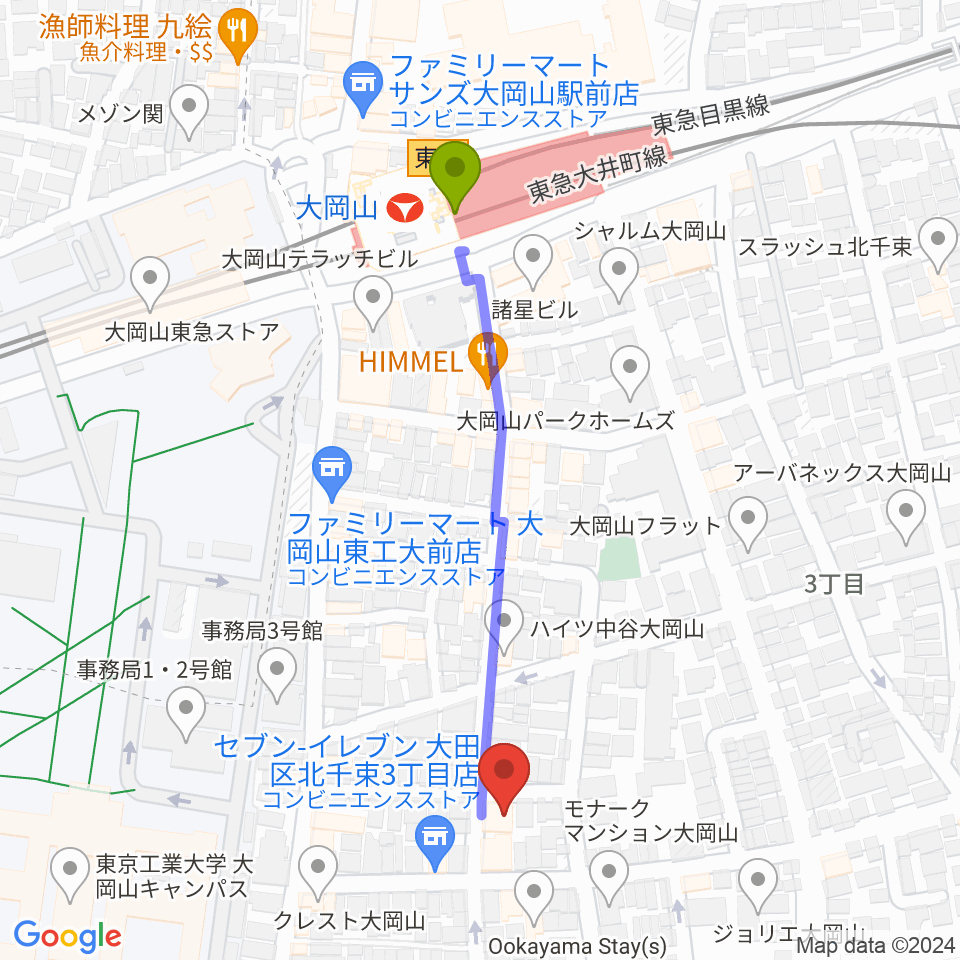 大岡山グッドストックトーキョーの最寄駅大岡山駅からの徒歩ルート（約5分）地図