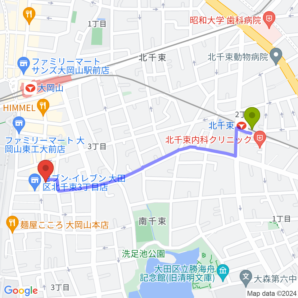 北千束駅から大岡山グッドストックトーキョーへのルートマップ地図