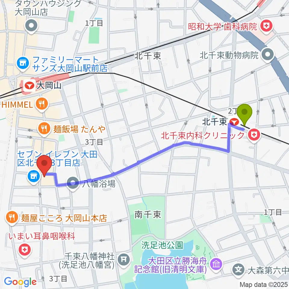 北千束駅から大岡山グッドストックトーキョーへのルートマップ地図