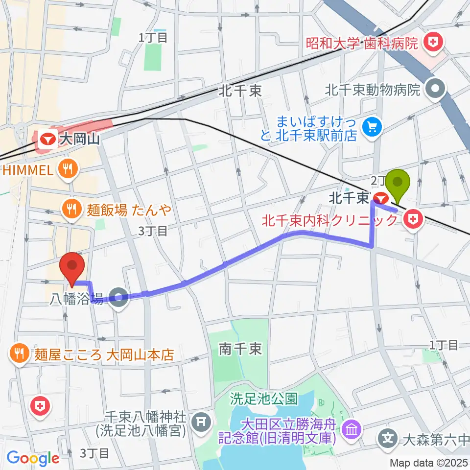 北千束駅から大岡山グッドストックトーキョーへのルートマップ地図