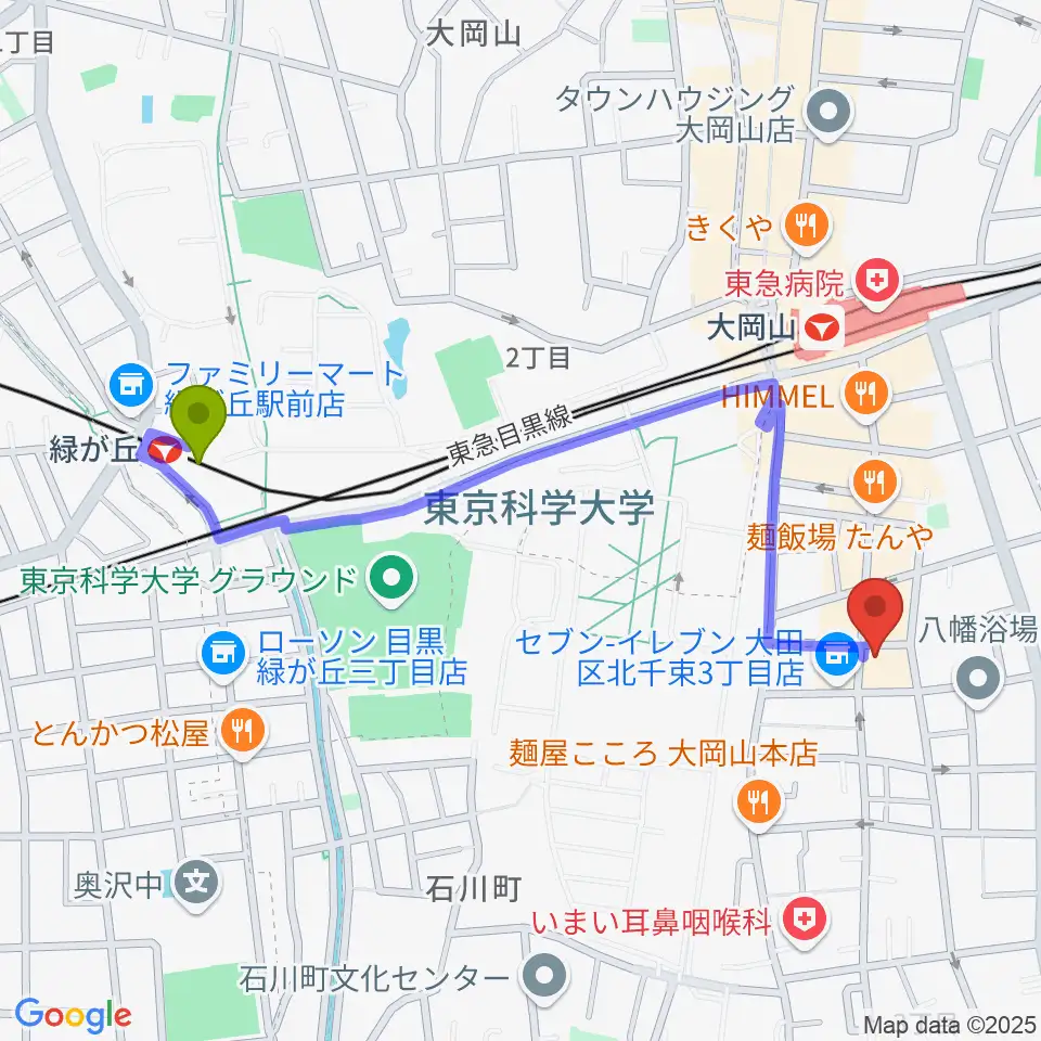 緑が丘駅から大岡山グッドストックトーキョーへのルートマップ地図