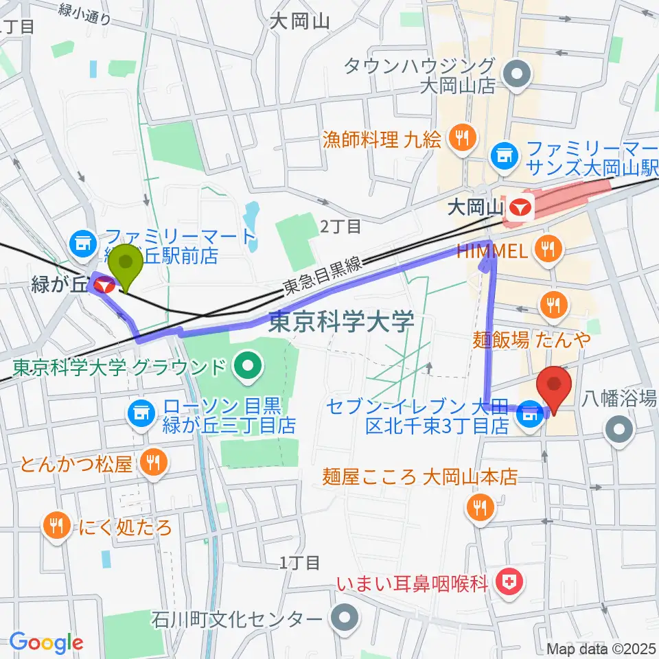 緑が丘駅から大岡山グッドストックトーキョーへのルートマップ地図