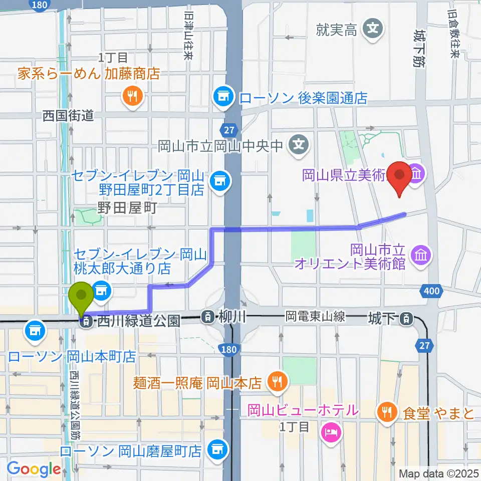 西川緑道公園駅から岡山県立美術館へのルートマップ地図
