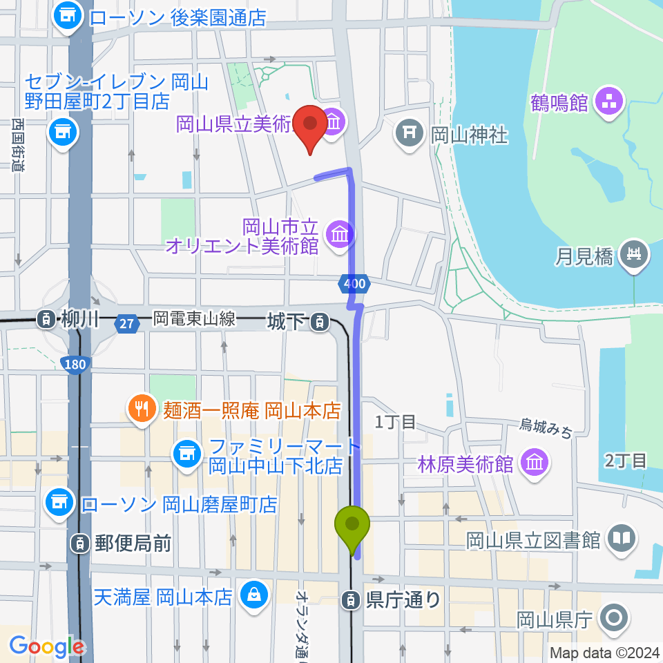 県庁通り駅から岡山県立美術館へのルートマップ地図