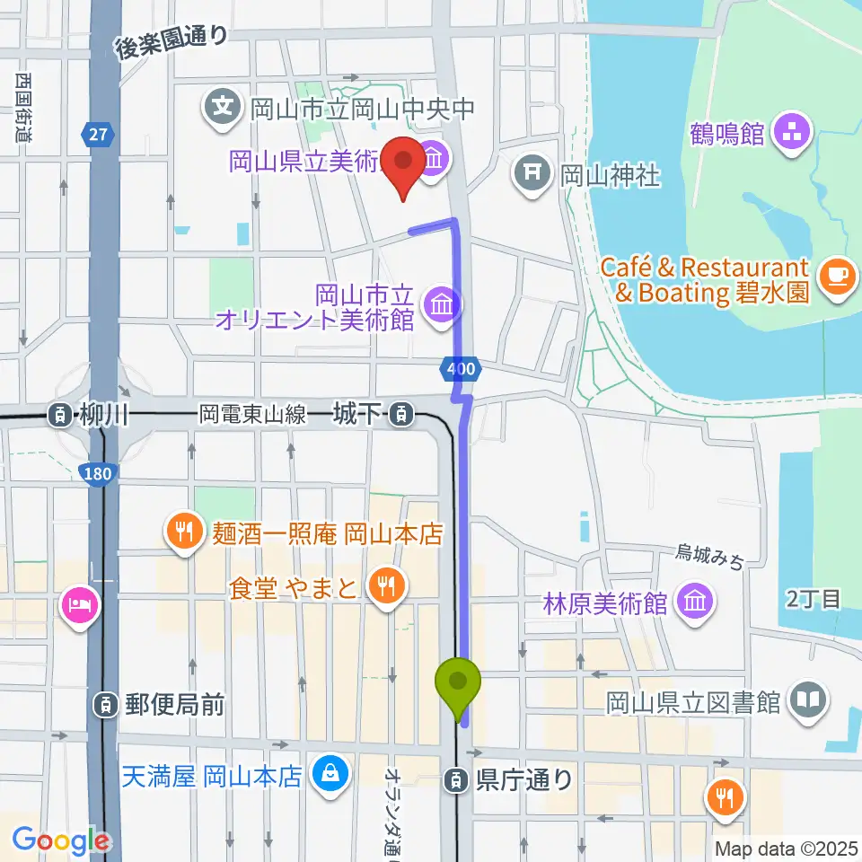 県庁通り駅から岡山県立美術館へのルートマップ地図