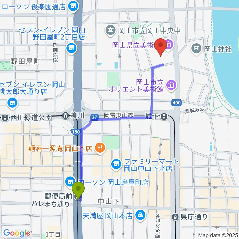 郵便局前駅から岡山県立美術館へのルートマップ地図