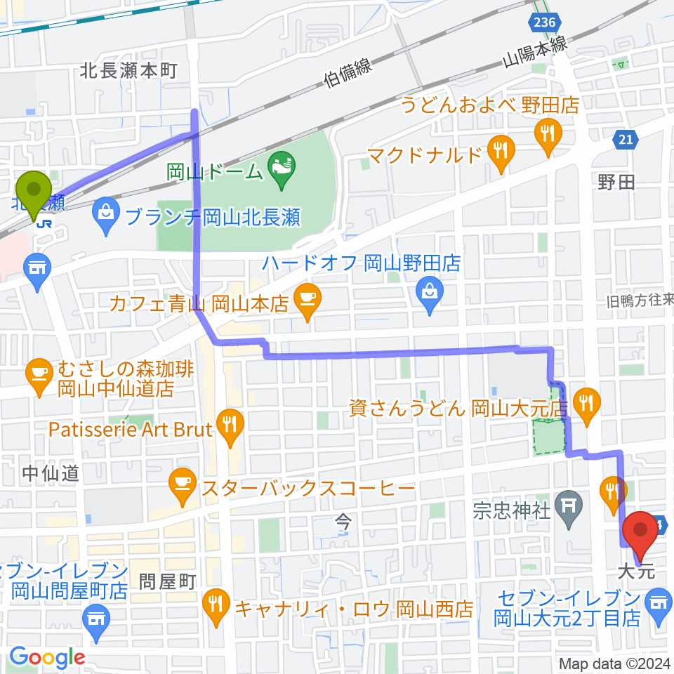 北長瀬駅からおおもとピアノサロンへのルートマップ地図