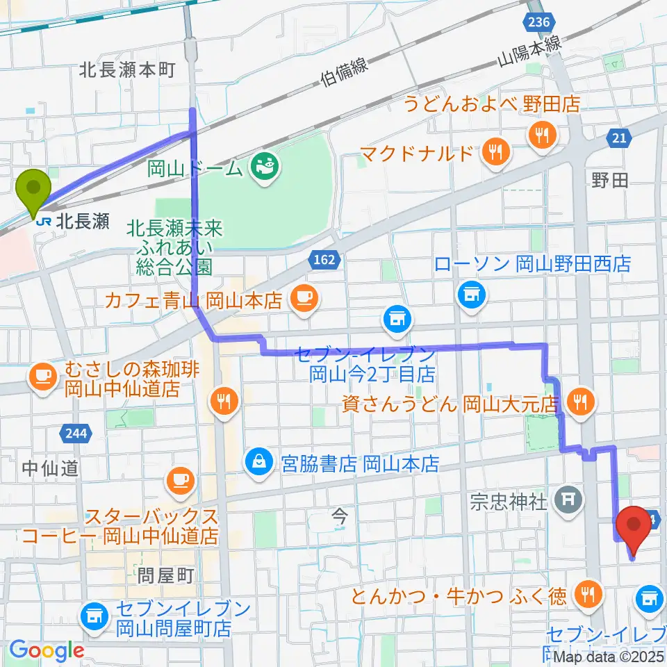 北長瀬駅からおおもとピアノサロンへのルートマップ地図