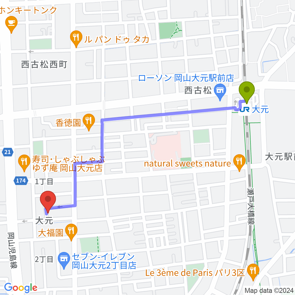 おおもとピアノサロンの最寄駅大元駅からの徒歩ルート（約12分）地図