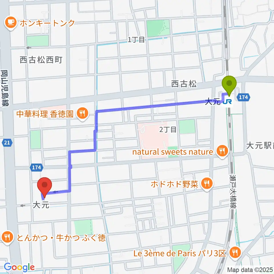 おおもとピアノサロンの最寄駅大元駅からの徒歩ルート（約12分）地図