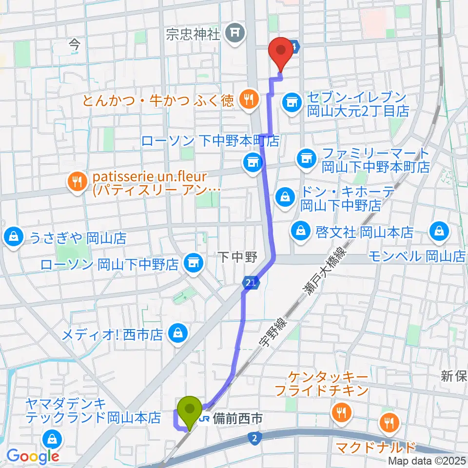 備前西市駅からおおもとピアノサロンへのルートマップ地図