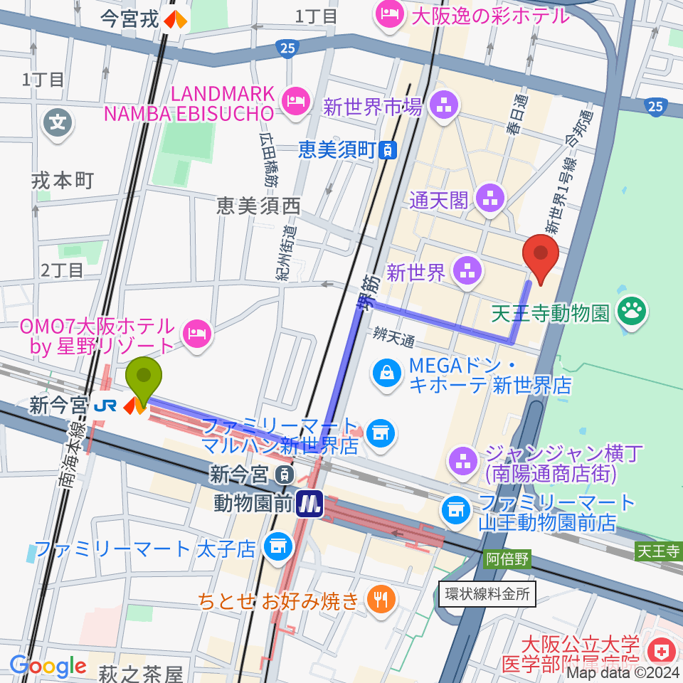 新今宮駅から朝日劇場へのルートマップ地図