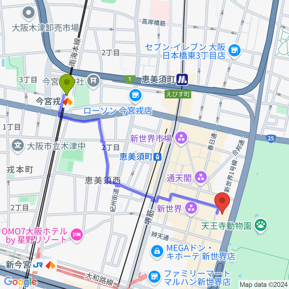 今宮戎駅から朝日劇場へのルートマップ地図