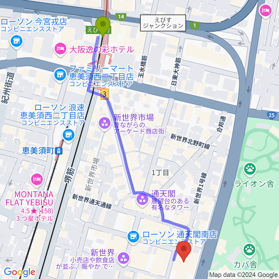 朝日劇場の最寄駅恵美須町駅からの徒歩ルート（約7分）地図