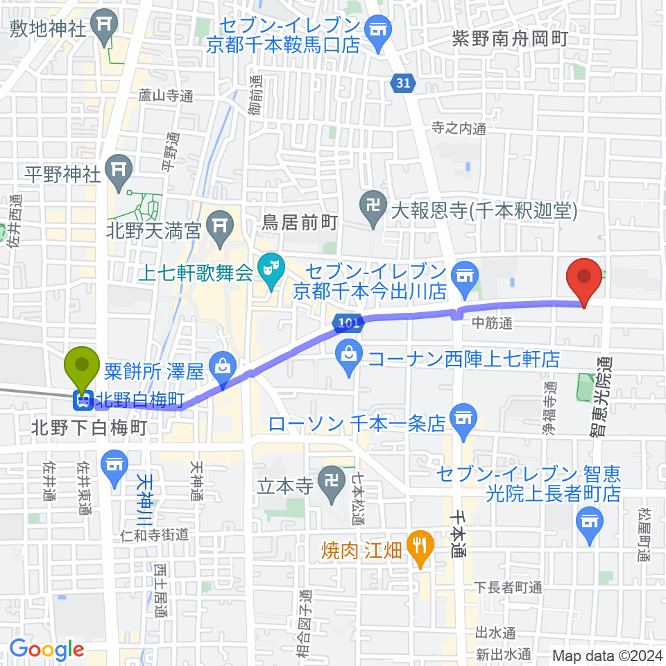 北野白梅町駅からstudio INOへのルートマップ地図