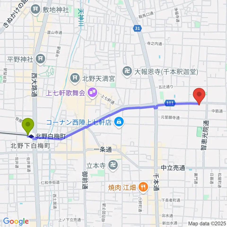 北野白梅町駅からstudio INOへのルートマップ地図
