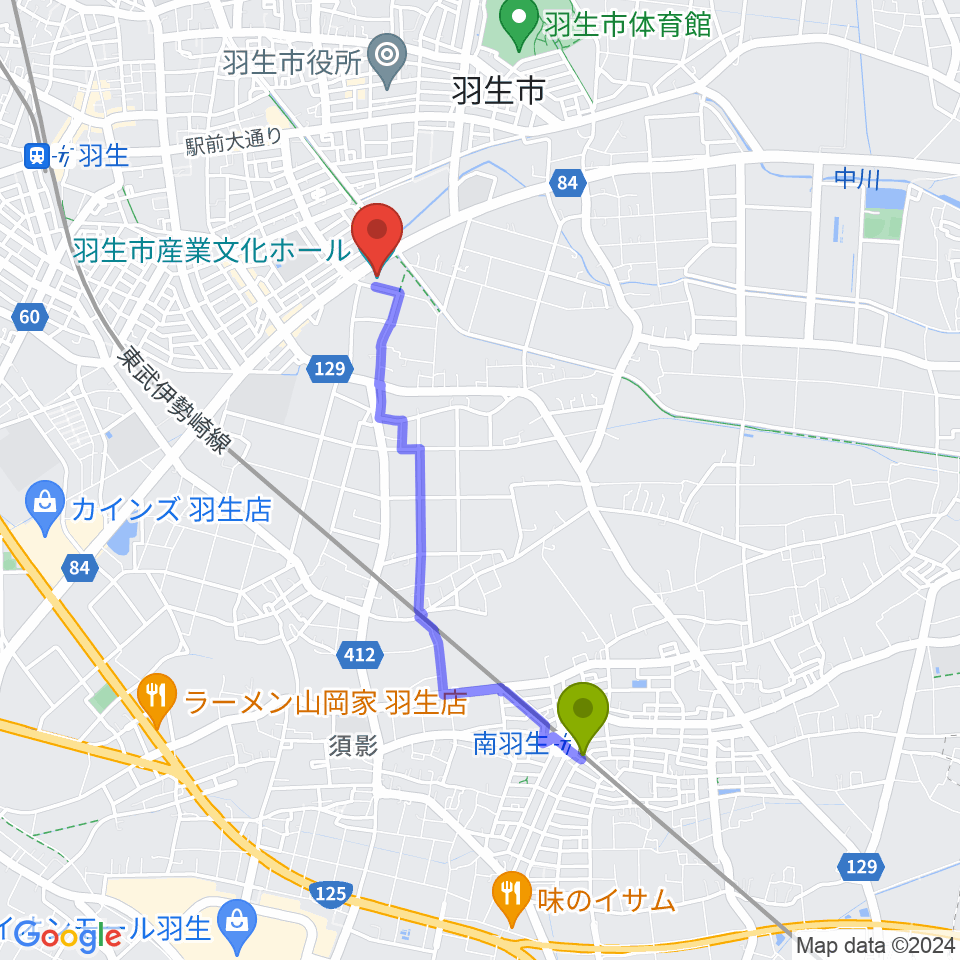 南羽生駅から羽生市産業文化ホールへのルートマップ地図