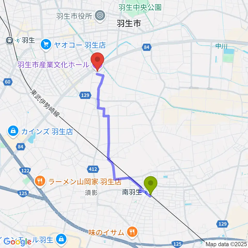 南羽生駅から羽生市産業文化ホールへのルートマップ地図