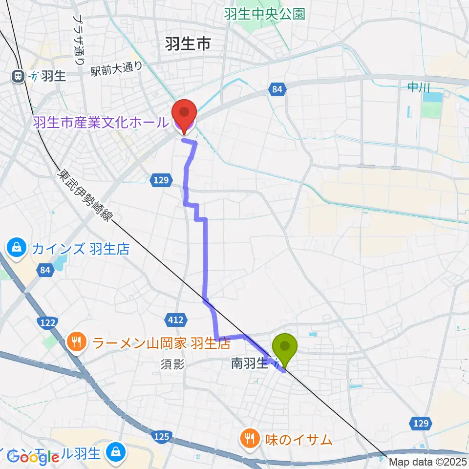 南羽生駅から羽生市産業文化ホールへのルートマップ地図