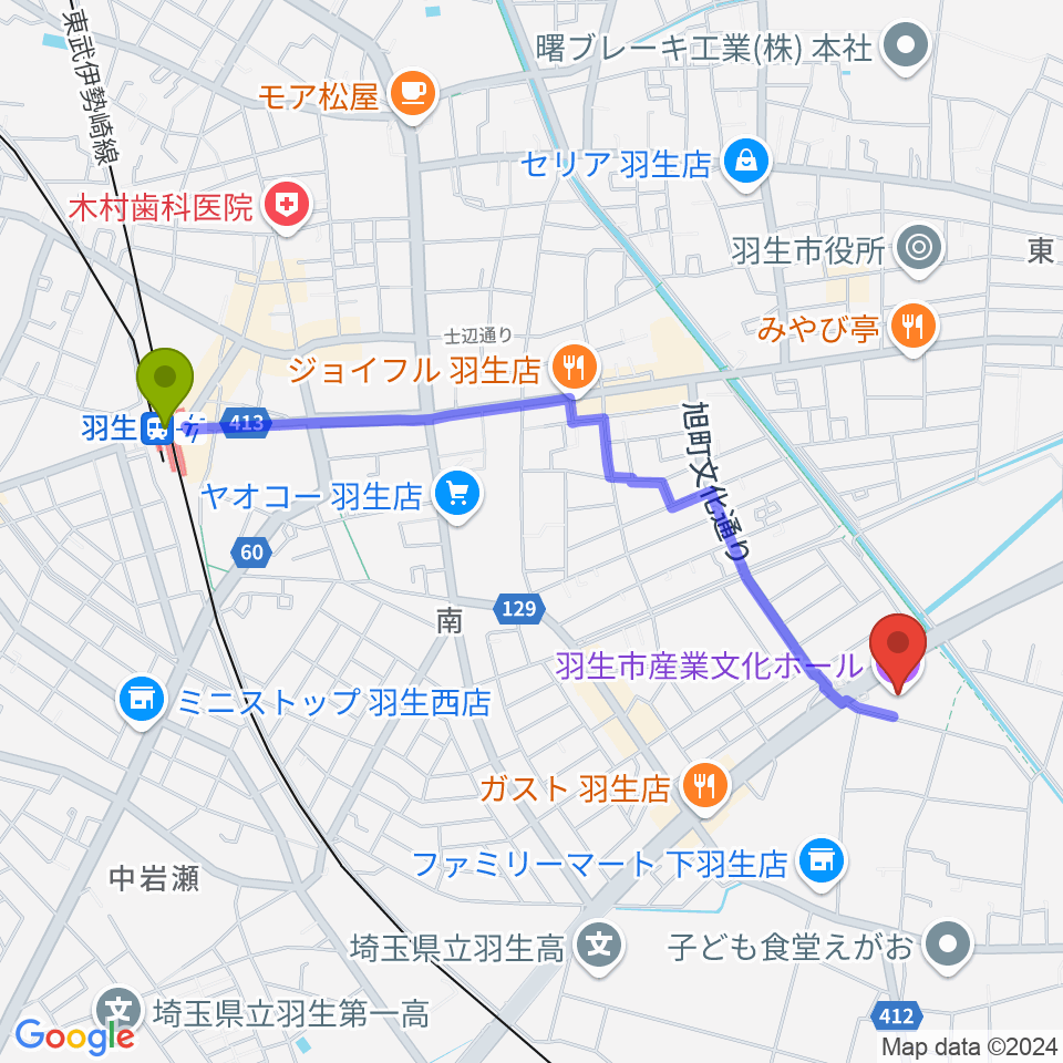 羽生市産業文化ホールの最寄駅羽生駅からの徒歩ルート（約23分）地図