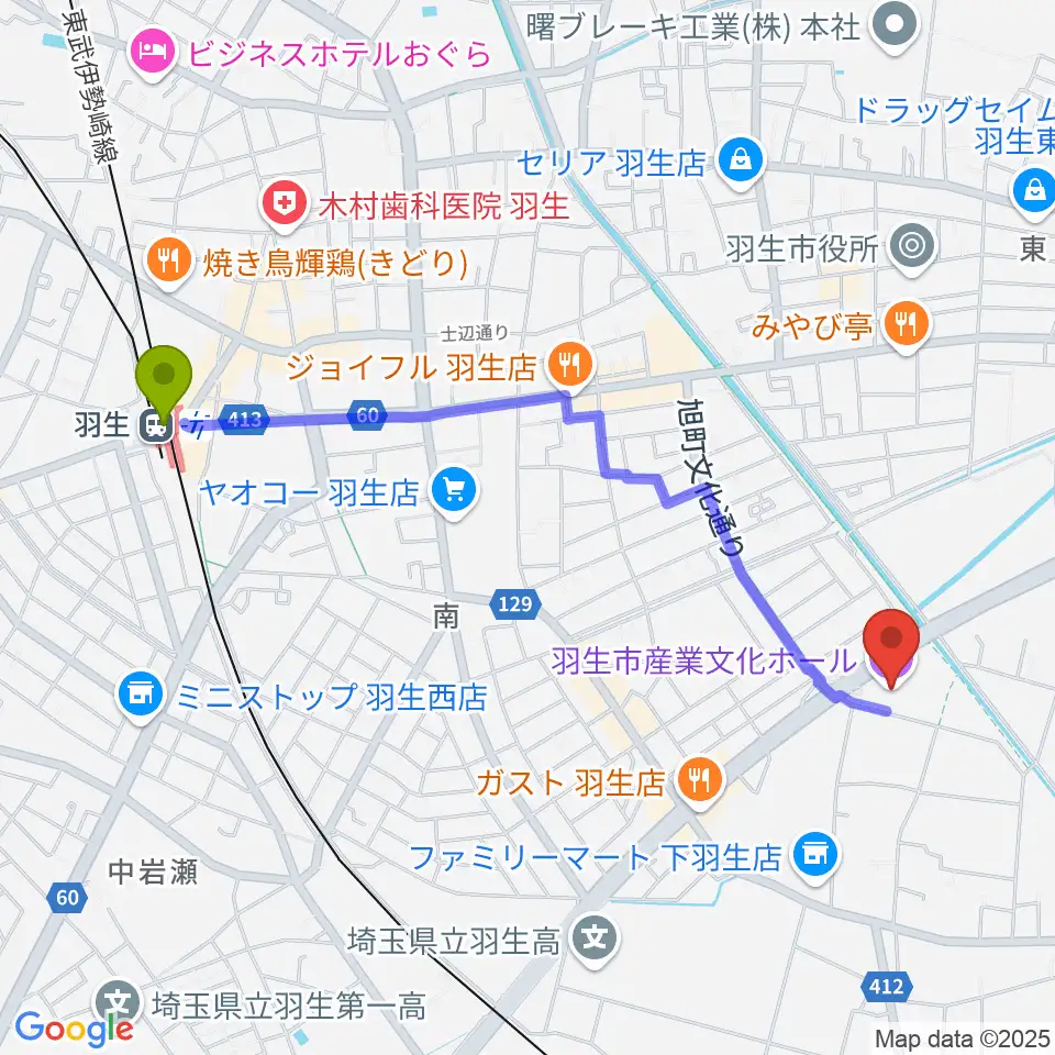 羽生市産業文化ホールの最寄駅羽生駅からの徒歩ルート（約23分）地図