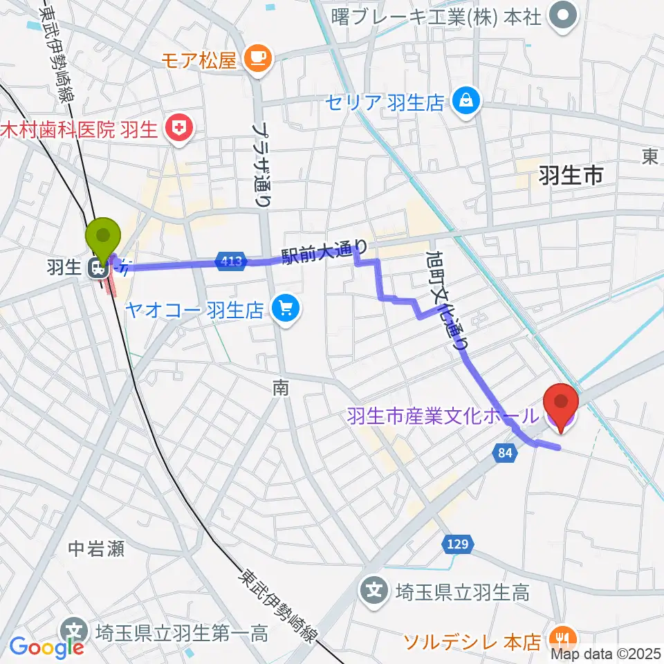 羽生市産業文化ホールの最寄駅羽生駅からの徒歩ルート（約23分）地図