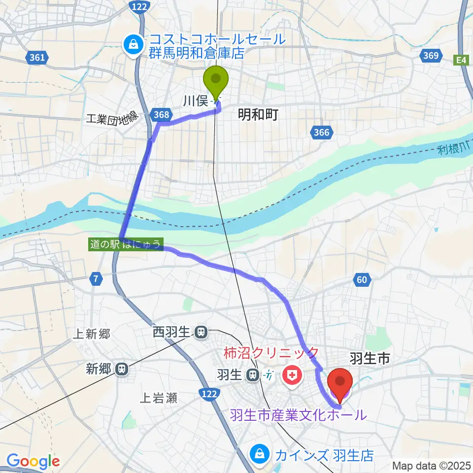 川俣駅から羽生市産業文化ホールへのルートマップ地図
