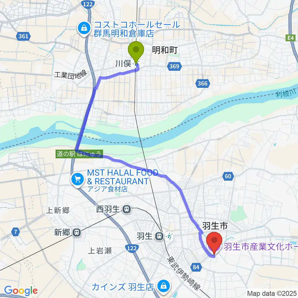 川俣駅から羽生市産業文化ホールへのルートマップ地図