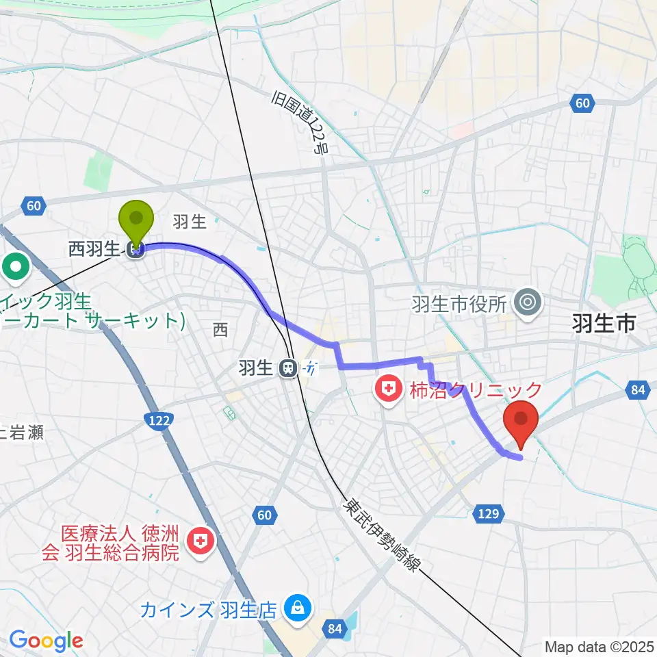 西羽生駅から羽生市産業文化ホールへのルートマップ地図