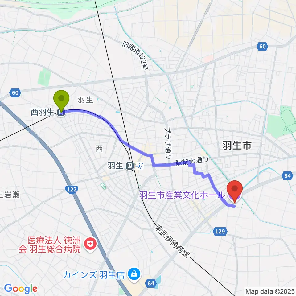 西羽生駅から羽生市産業文化ホールへのルートマップ地図
