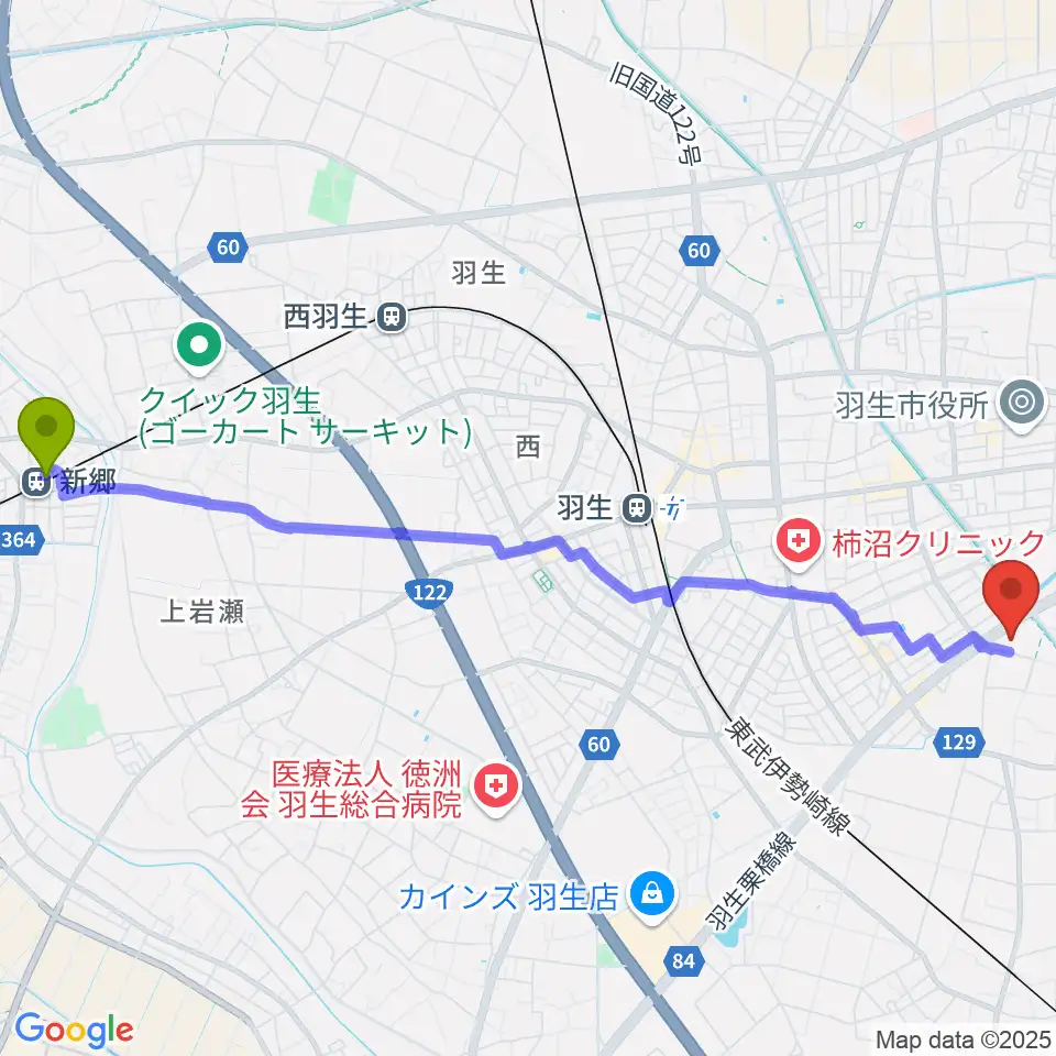 新郷駅から羽生市産業文化ホールへのルートマップ地図