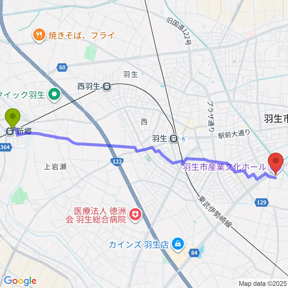 新郷駅から羽生市産業文化ホールへのルートマップ地図