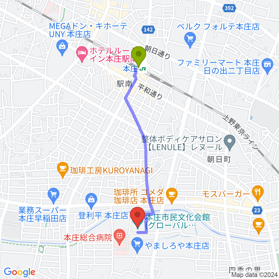 本庄市民文化会館の最寄駅本庄駅からの徒歩ルート（約18分）地図