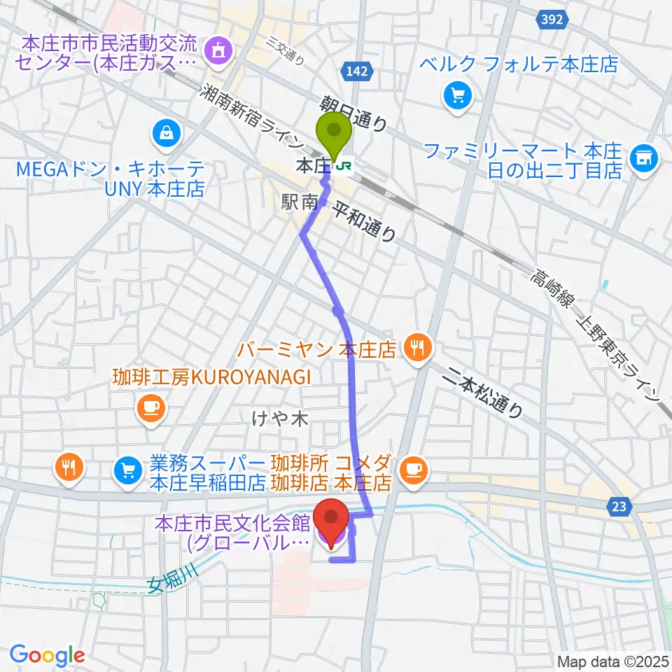 本庄市民文化会館の最寄駅本庄駅からの徒歩ルート（約18分）地図