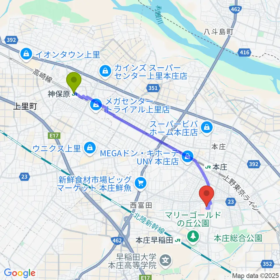 神保原駅から本庄市民文化会館へのルートマップ地図