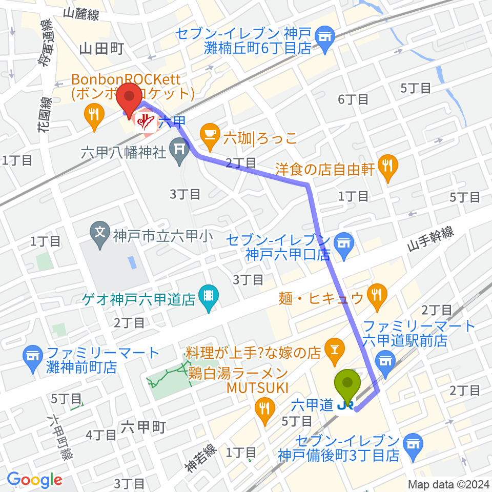 六甲道駅から神戸ALWAYSへのルートマップ地図