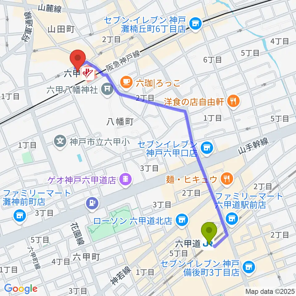 六甲道駅から神戸ALWAYSへのルートマップ地図