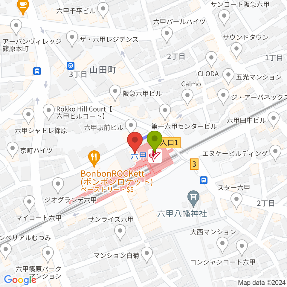 神戸ALWAYSの最寄駅六甲駅からの徒歩ルート（約1分）地図