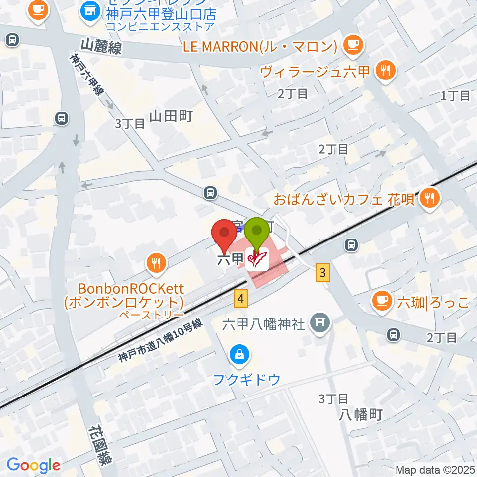 神戸ALWAYSの最寄駅六甲駅からの徒歩ルート（約1分）地図