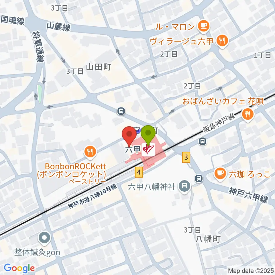 神戸ALWAYSの最寄駅六甲駅からの徒歩ルート（約1分）地図