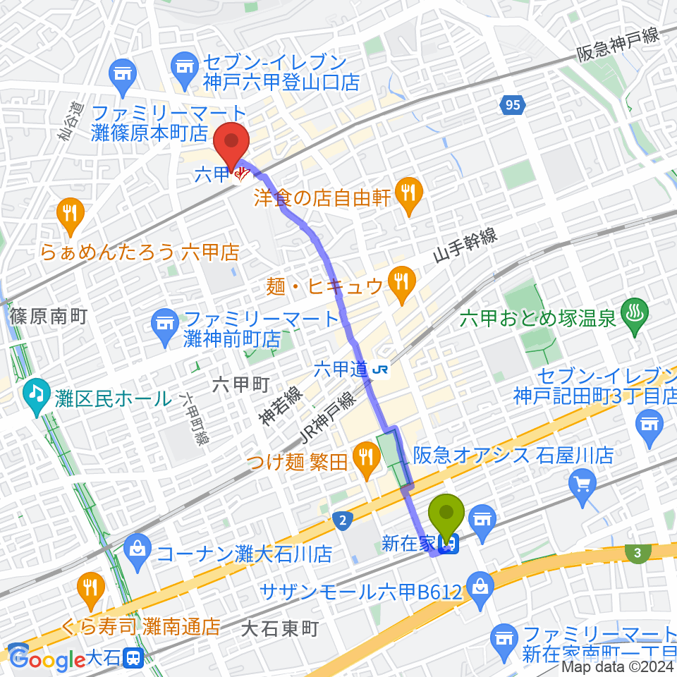 新在家駅から神戸ALWAYSへのルートマップ地図