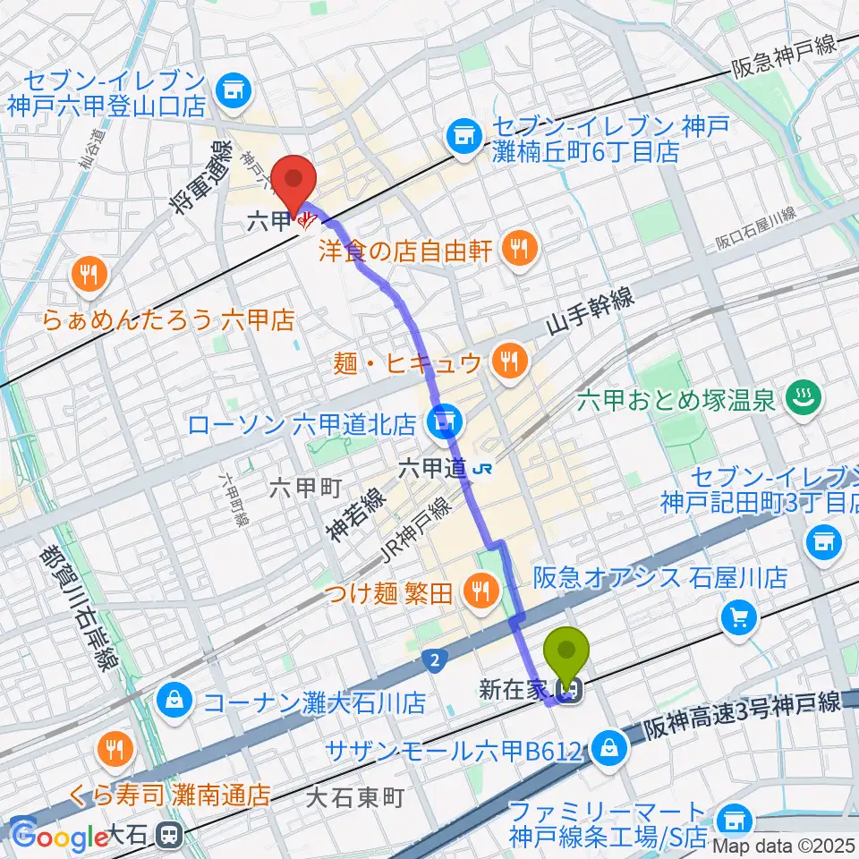 新在家駅から神戸ALWAYSへのルートマップ地図