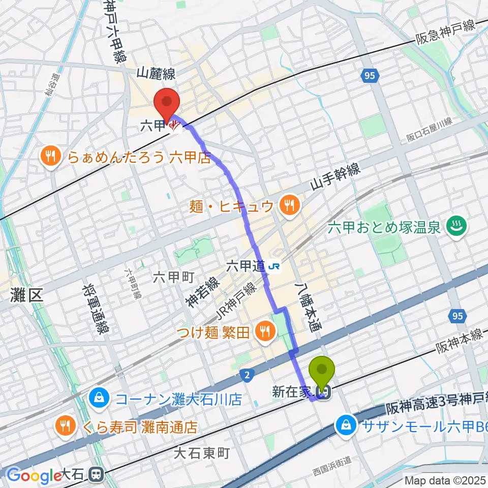新在家駅から神戸ALWAYSへのルートマップ地図