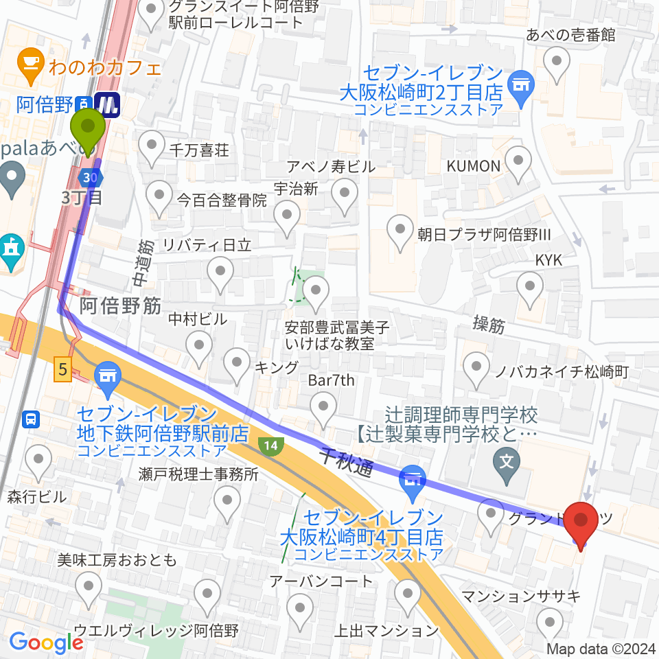 ザ・ロック食堂の最寄駅阿倍野駅からの徒歩ルート（約8分）地図