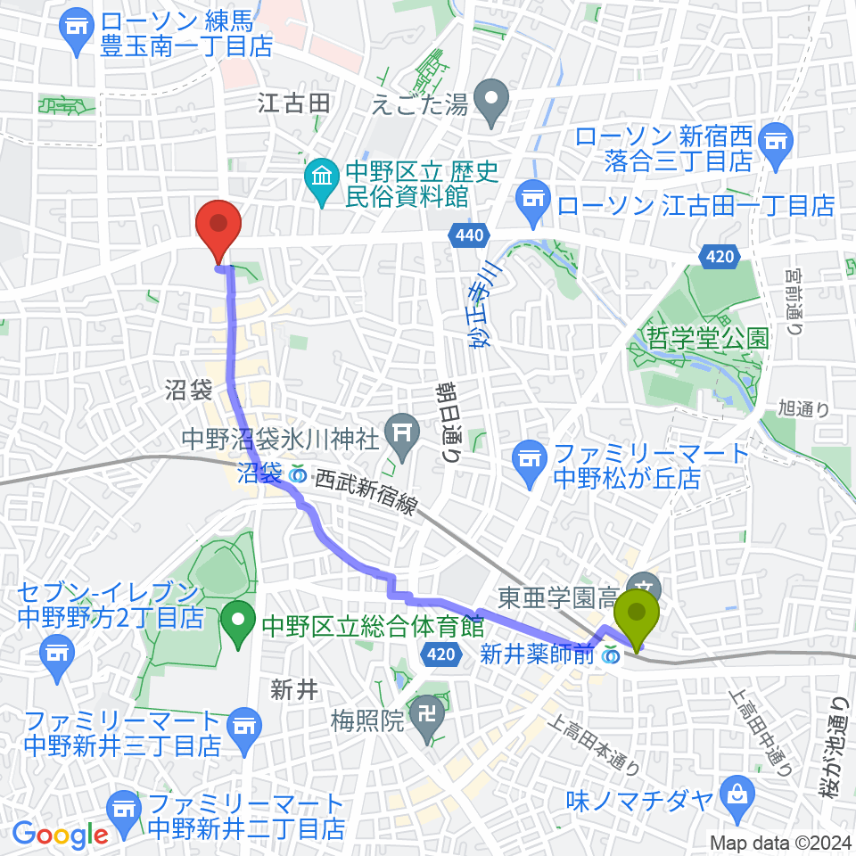 新井薬師前駅から沼袋Section9へのルートマップ地図