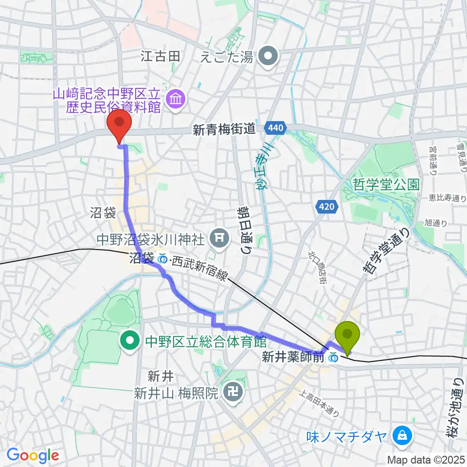 新井薬師前駅から沼袋Section9へのルートマップ地図